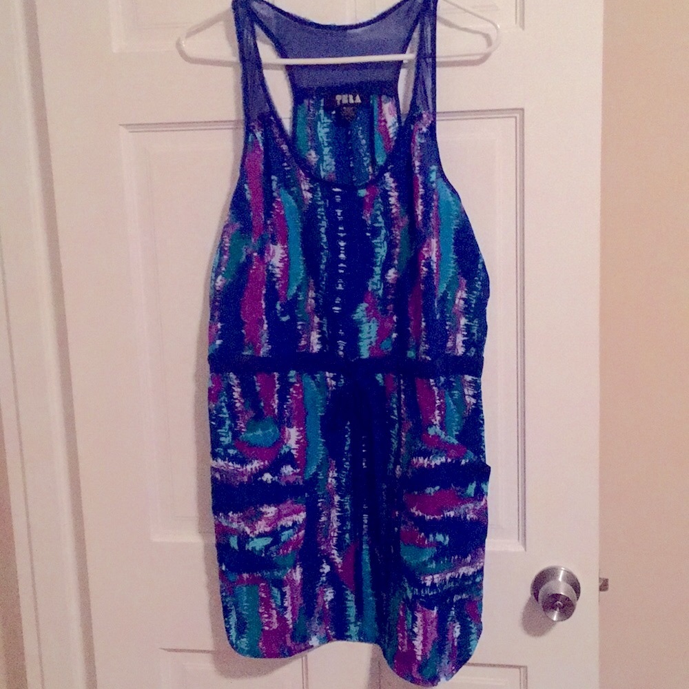Dress with pockets, sheer details, tie waist